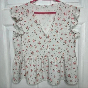 Ardene  Peplum Top White/Pink/Red Floral Size Large